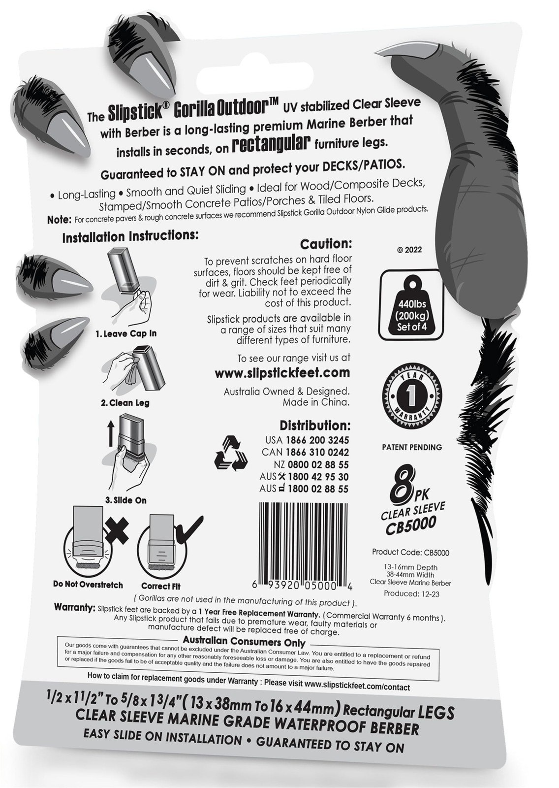 Slipstick GorillaOutdoor Berber Furniture Feet Pads with Clear Sleeve Sock (8...