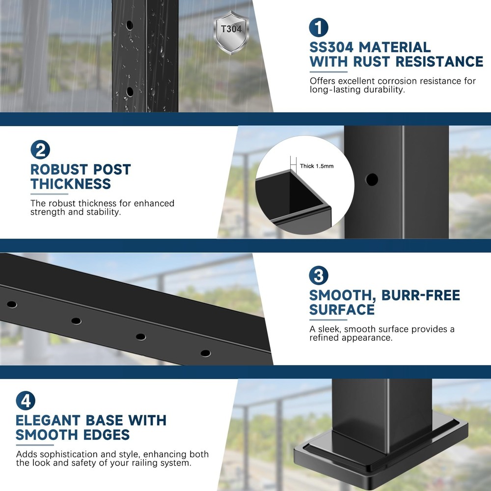 36" Cable Railing Post, Adjustable Top Level Drilled Railing Line Handrail Po...