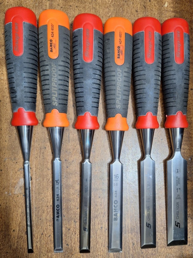 Snap On NOS 4 Pc Wood Chisel Set With Bahco 2 Pc Set. Split Proof Handles. Spain