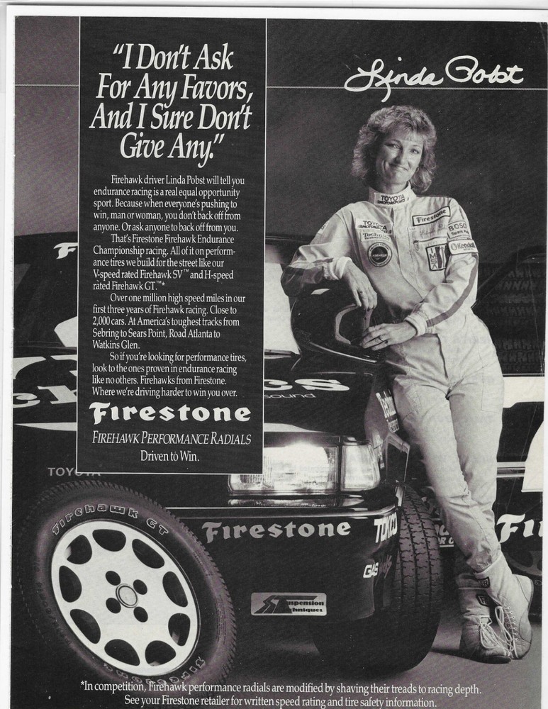 FIREHAWK DRIVER LINDA ROBST FIRESTONE ORIGINAL PRINT AD