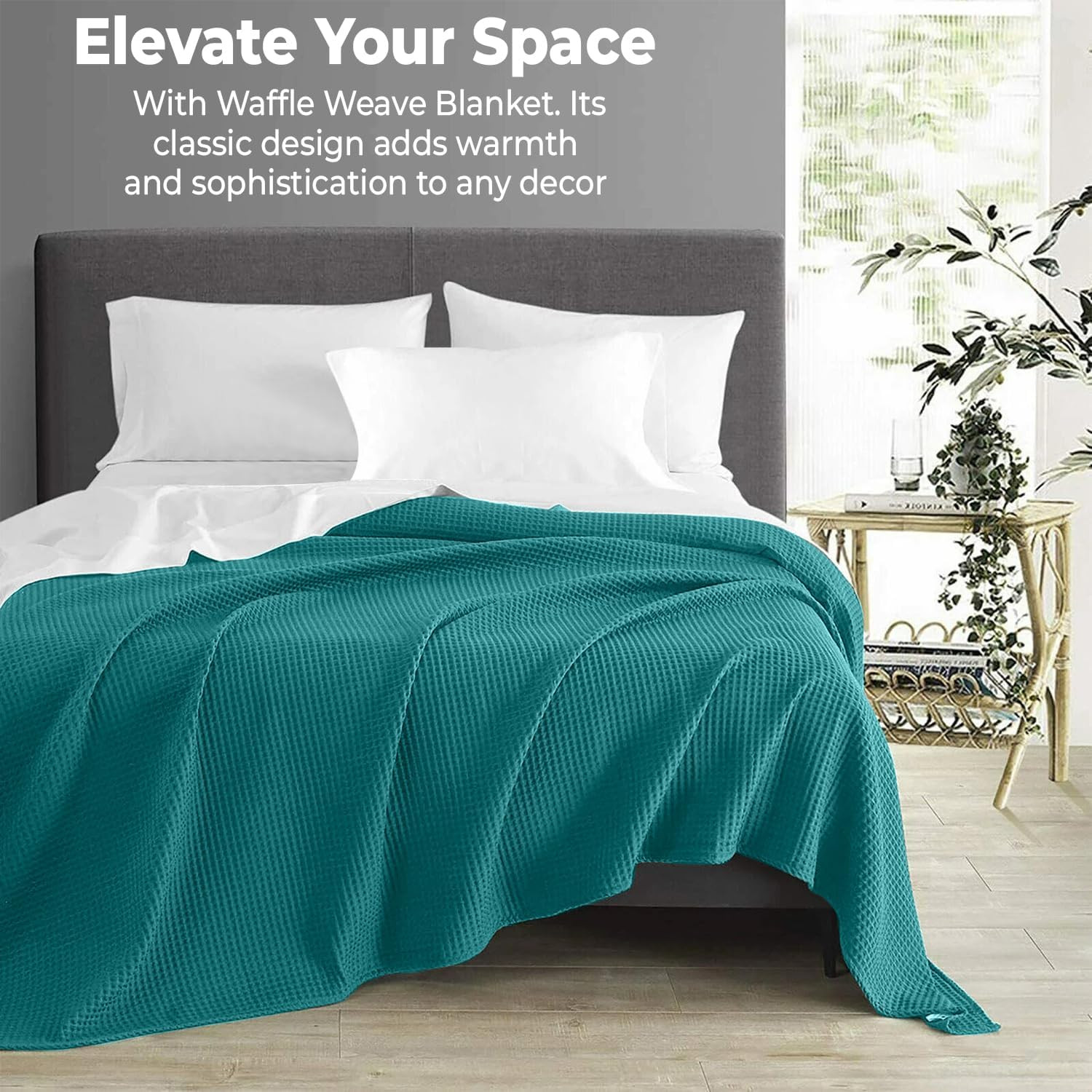 100% Cotton Waffle Weave Blanket Lightweight Soft Teal Throw 50 x 60