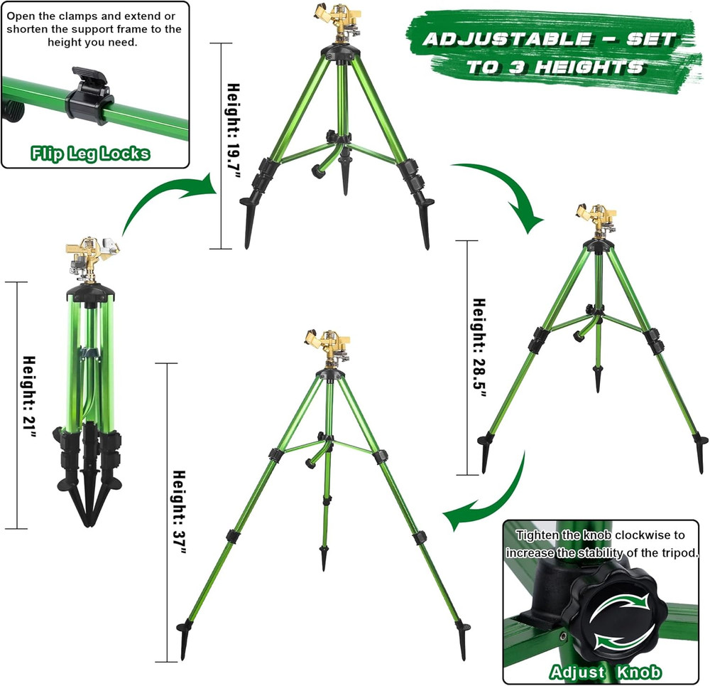 Impact Sprinkler on Tripod Base Brass Head Adjustable 360° Large Area Coverage