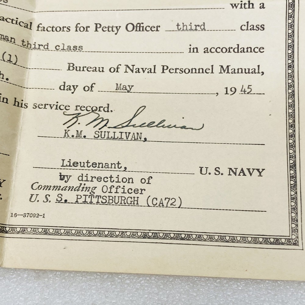 VTG‼ US Navy Training Course Certificate WWII Fire Controlman 3rd Class 1945