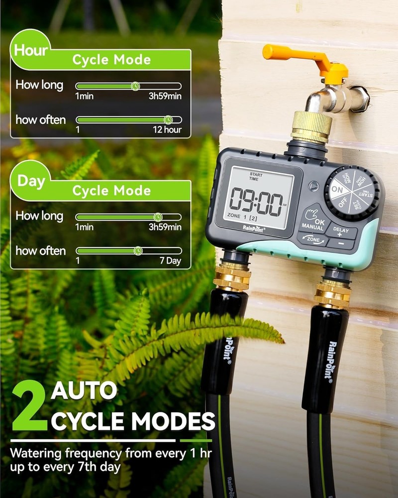 Compact 2 Zone Water Hose Timer with Manual Watering and Rain Delay Features