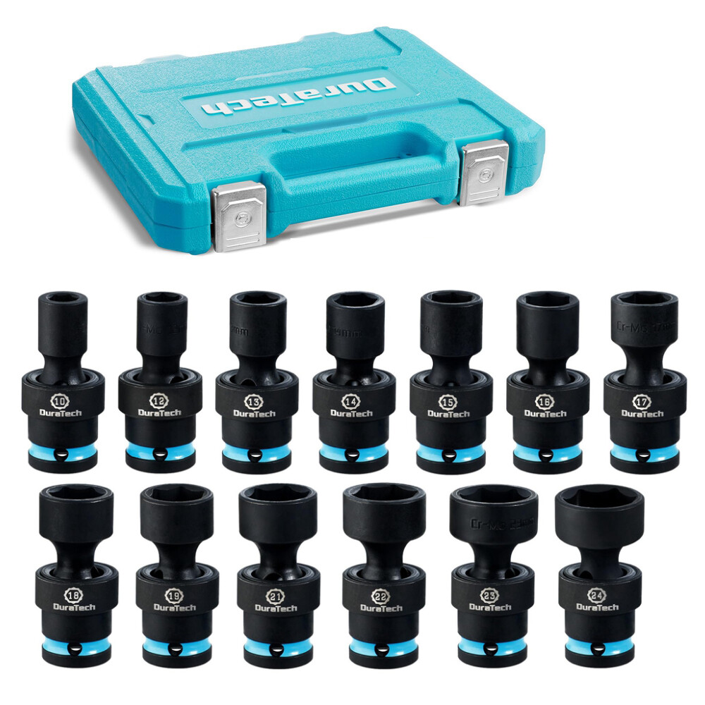 DURATECH 13PCS 1/2" Dr Swivel Socket Set Shallow Universal Impact Metric 10-24mm