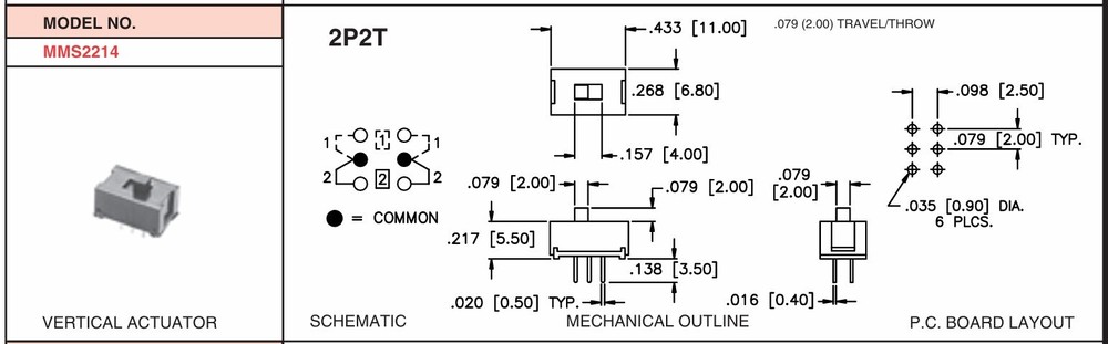 ALPS MMS2214 DPDT Small Slide Switch PCB Mount