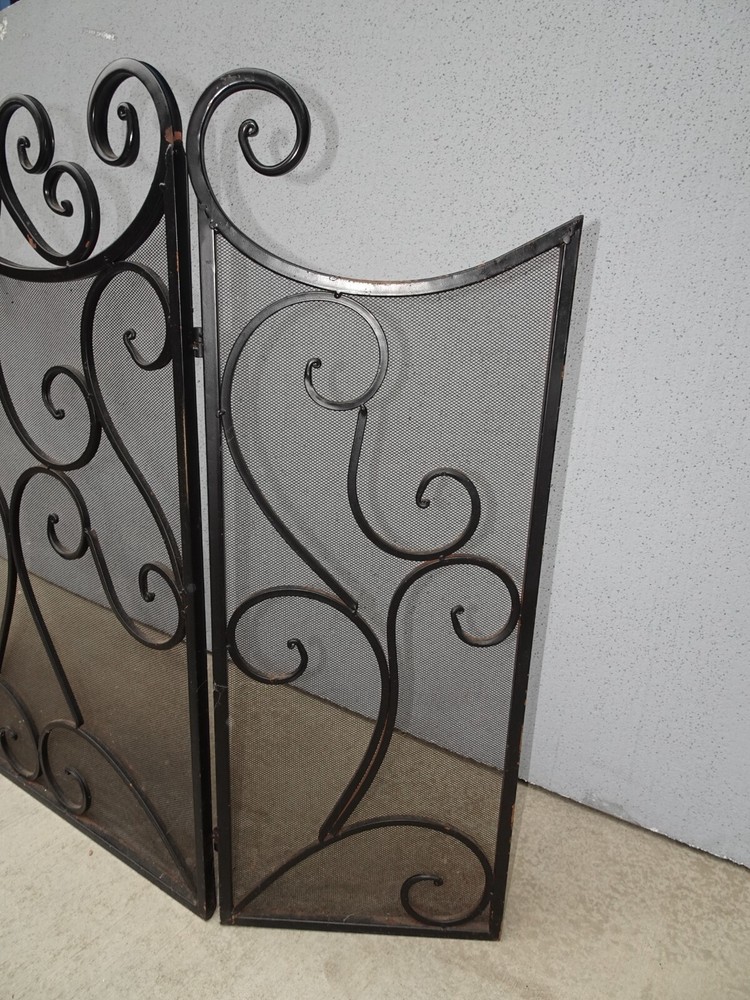 Vintage Tri-Fold Three Panel Black Metal Fireplace Screen