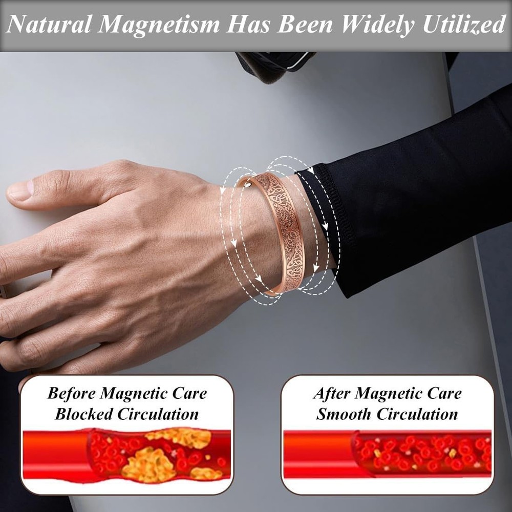 Men's Bracelet Magnetic Solid Pure Copper Bangle Tree Therapy Relief Arthritis