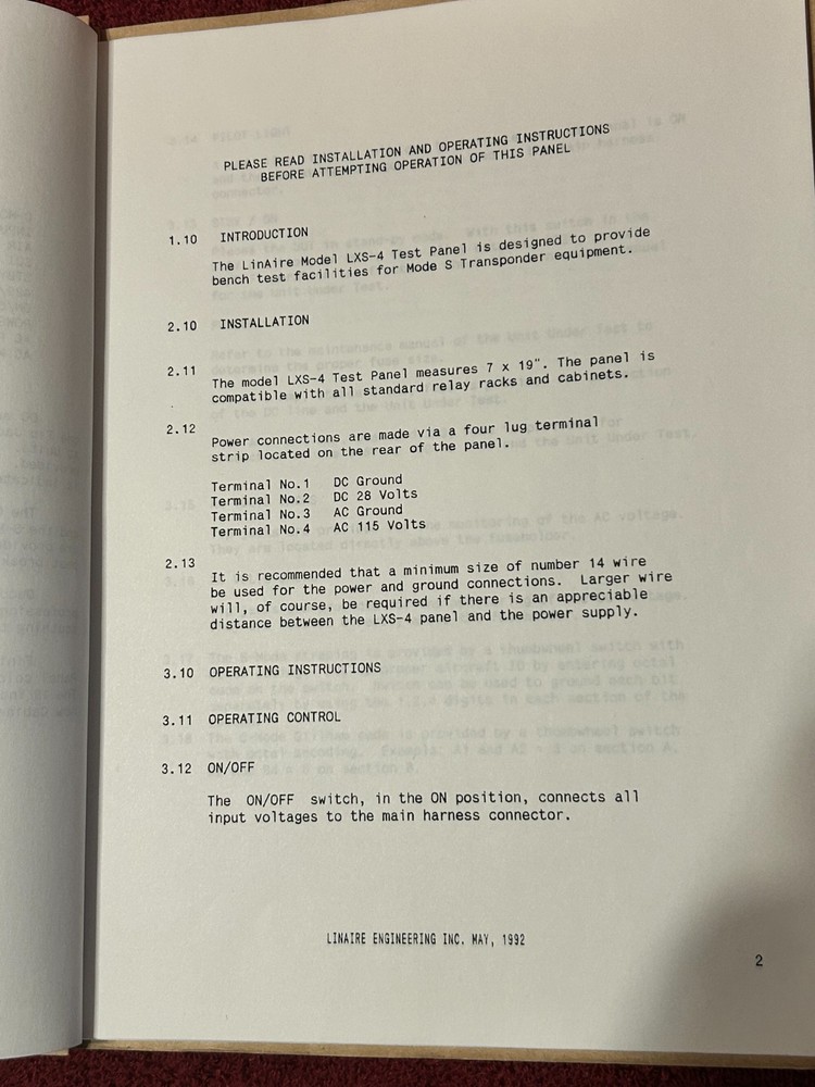 LINAIRE ENGINEERING LSX 4 TEST PANEL MANUAL