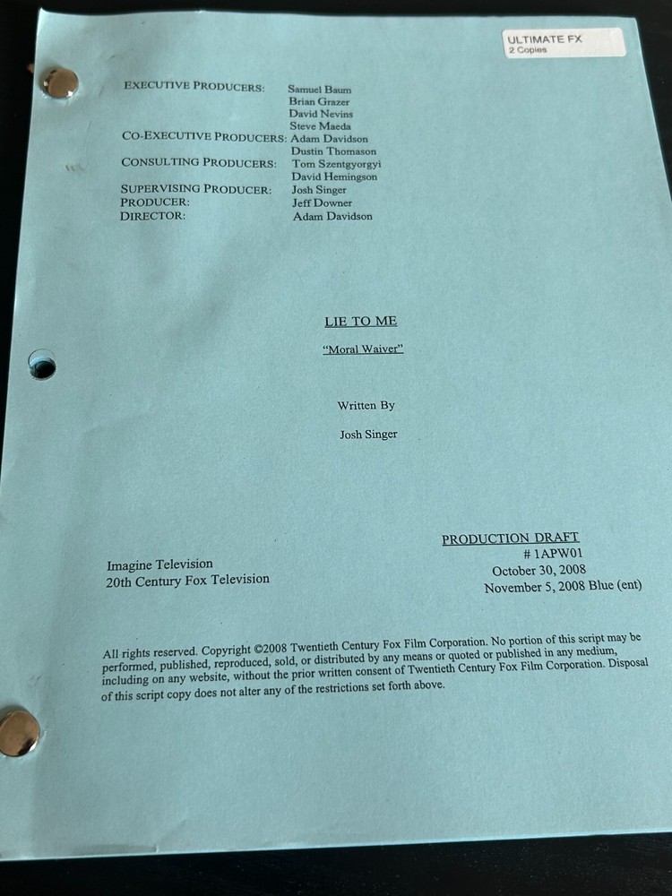 ORIGINAL SCRIPT LIE TO ME MORAL WAIVER PRODUCTION DRAFT TIM ROTH  WILLIAMS