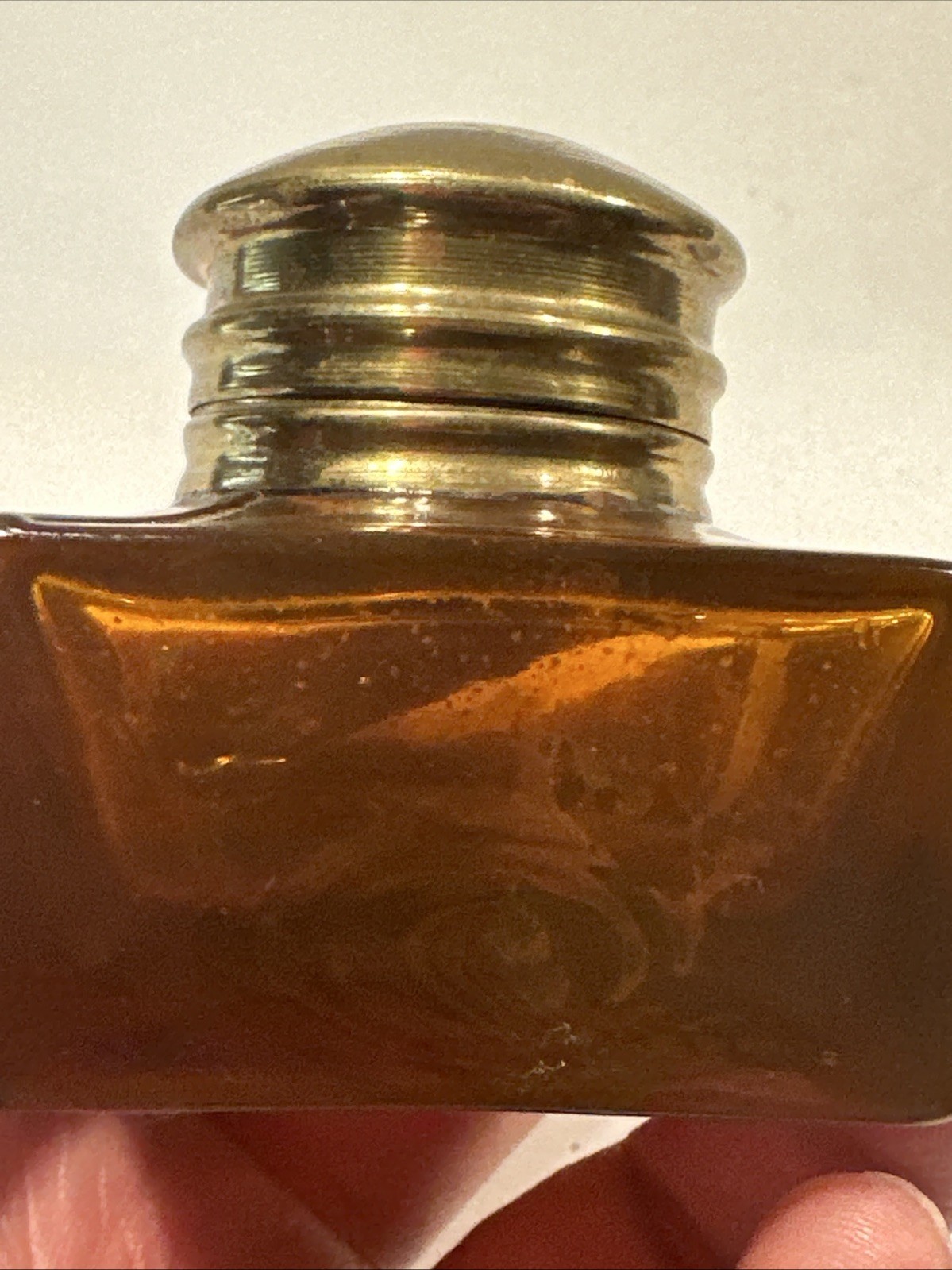 Vintage Amber Glass Inkwell with Brass Cap - Small Collectible Ink Pot