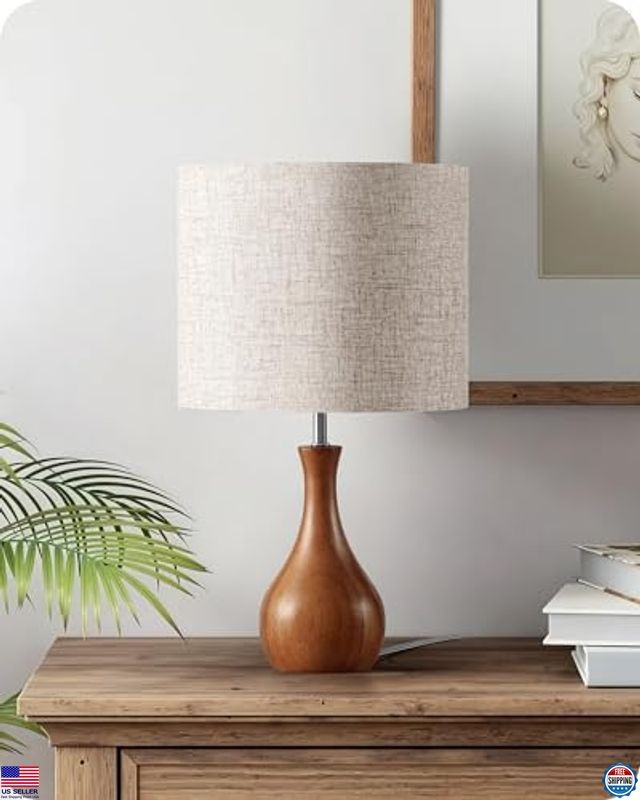 Charming 14.2" Small Table Lamp - Wood Bottle Base, Beige Shade, E26 Socket