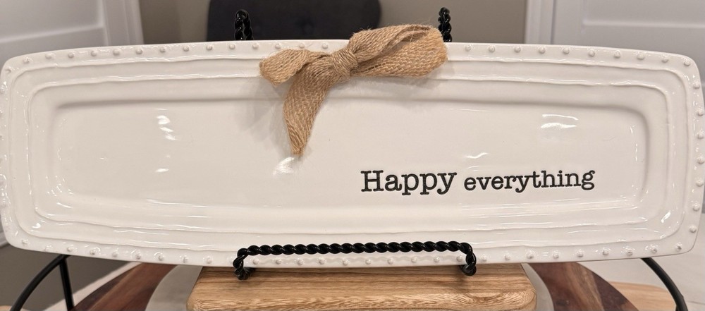 Mud Pie Ceramic Rectangle Platter White Glossy 'Happy Everything' Tray