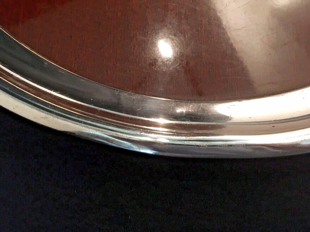 Vintage Wood Grain Formica & Silver Plate Rim 16" Round Serving Tray