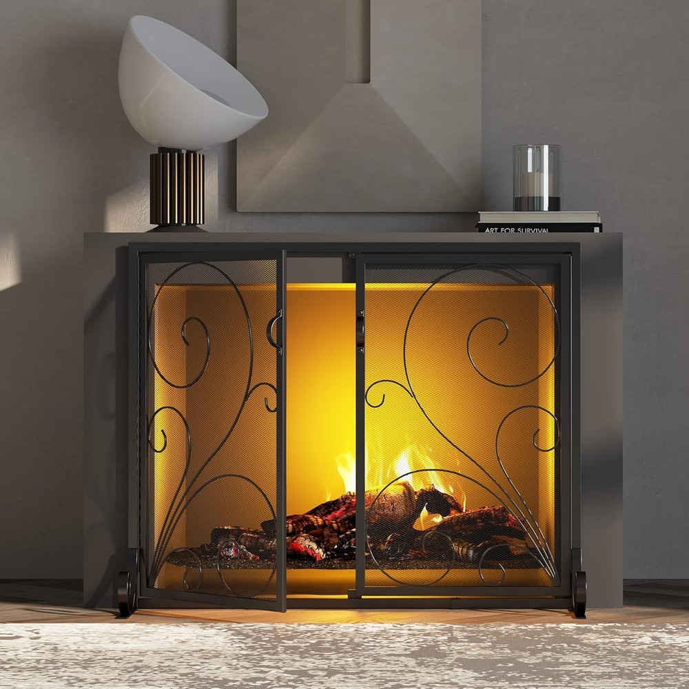 Fireplace Screen with Doors, Handcrafted Solid Steel, Heavy Duty Metal Mesh, ...