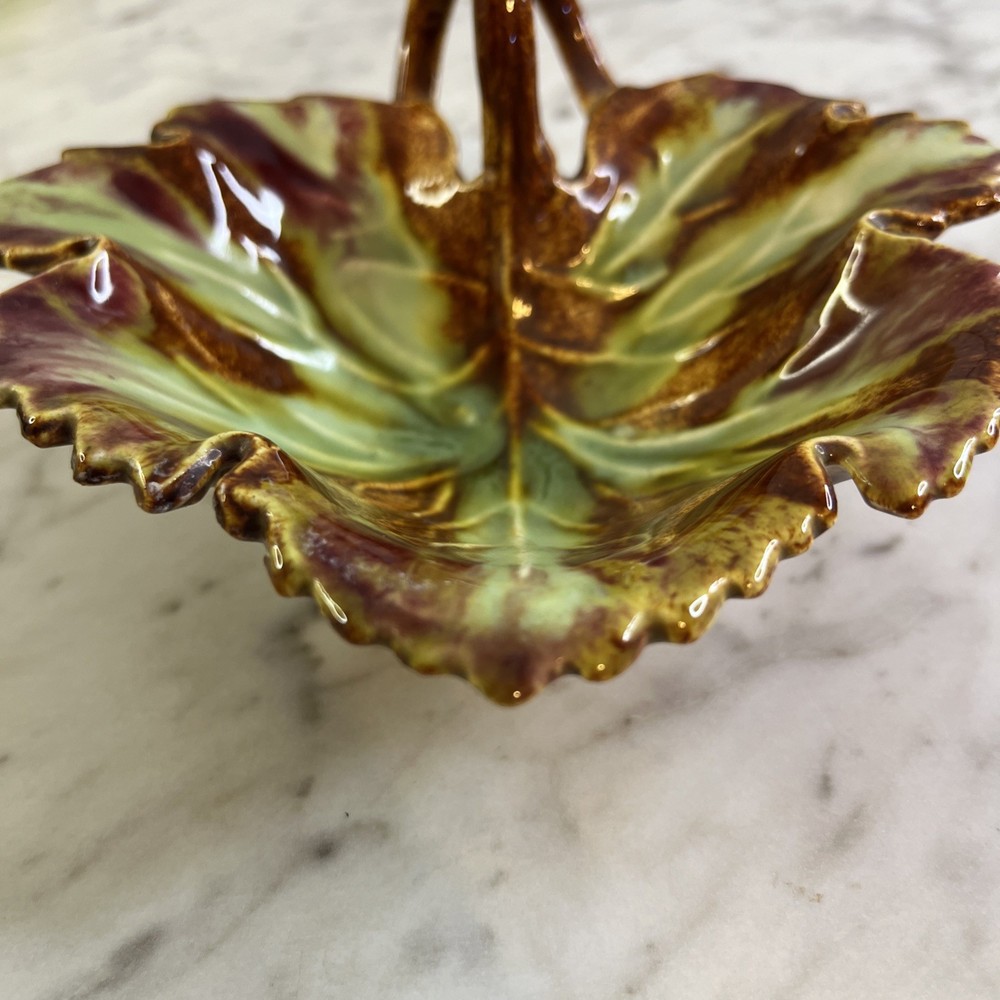 Vintage Maple Leaf Dish Green Brown Ceramic Double Loop Handle MCM