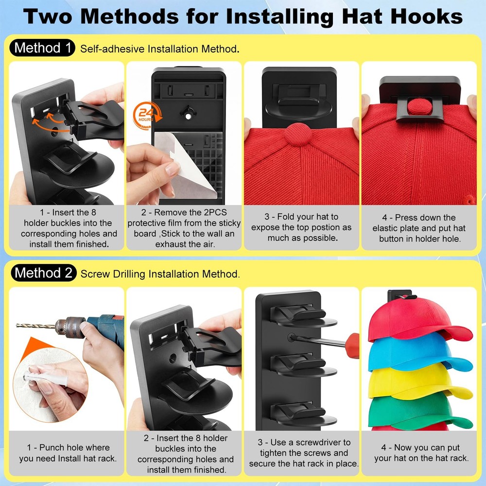 2 Pack MultiLayer Hat Organizer for Baseball Caps, Holds 16 Hats, Hat Hook fo...