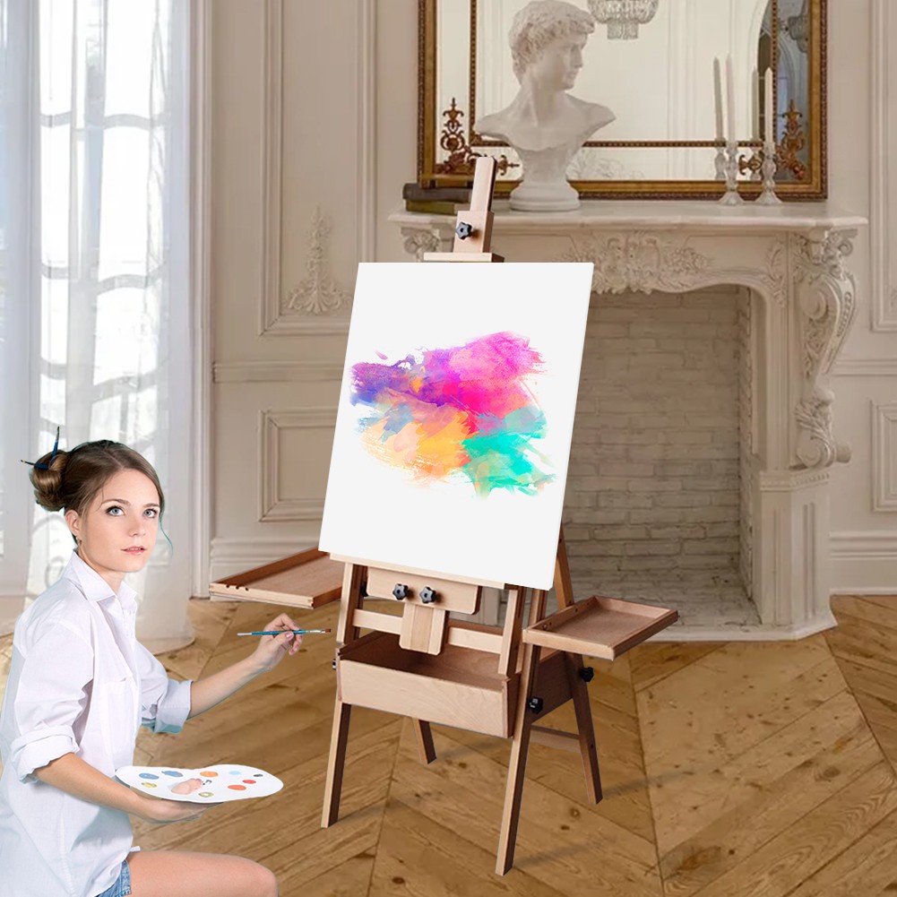 Large Wood H-Frame Easel with Storage Drawer and Palette, Foldable Art Painting