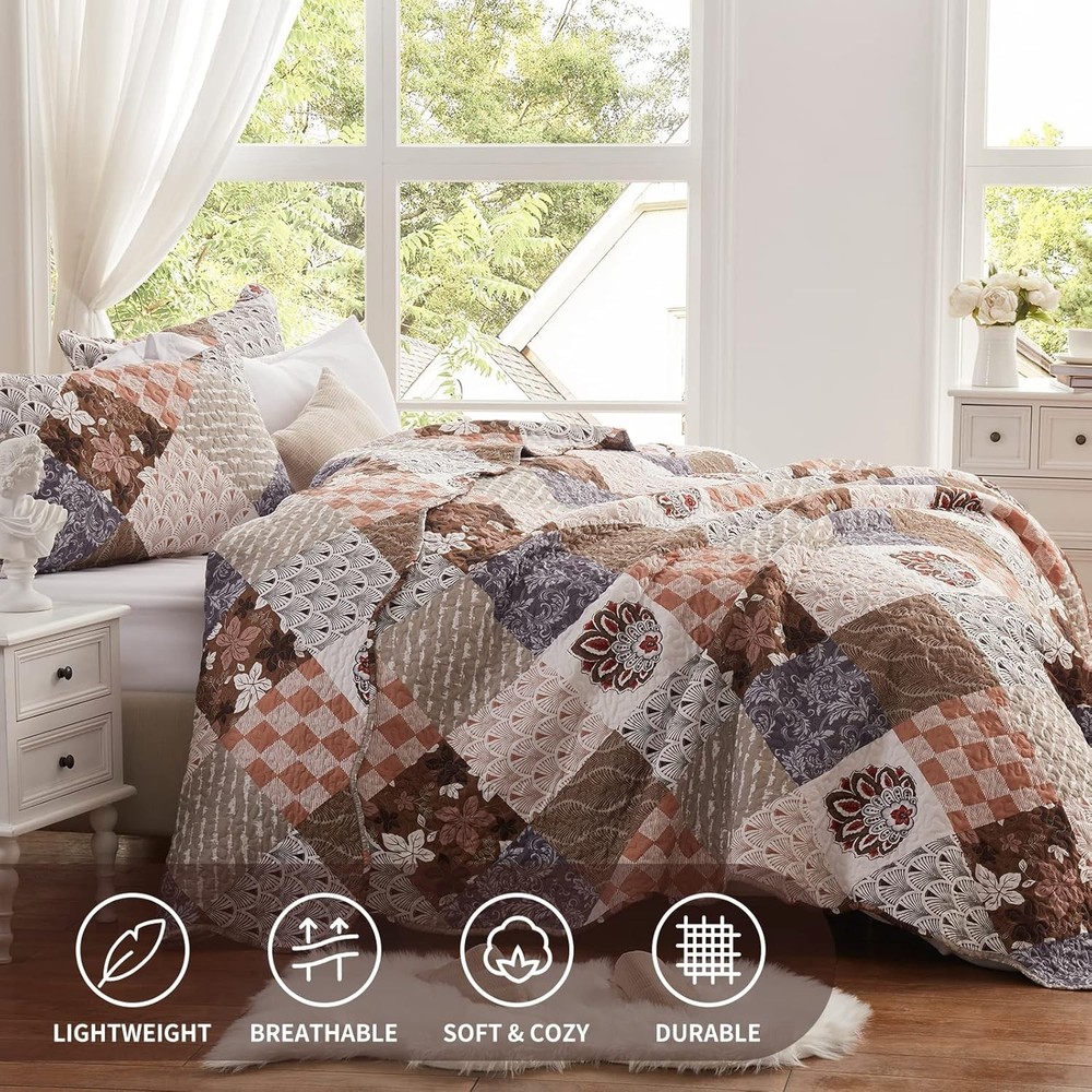 Full/Queen Size Quilt Set 3 Pieces (90''x98''), Brown-patchwork