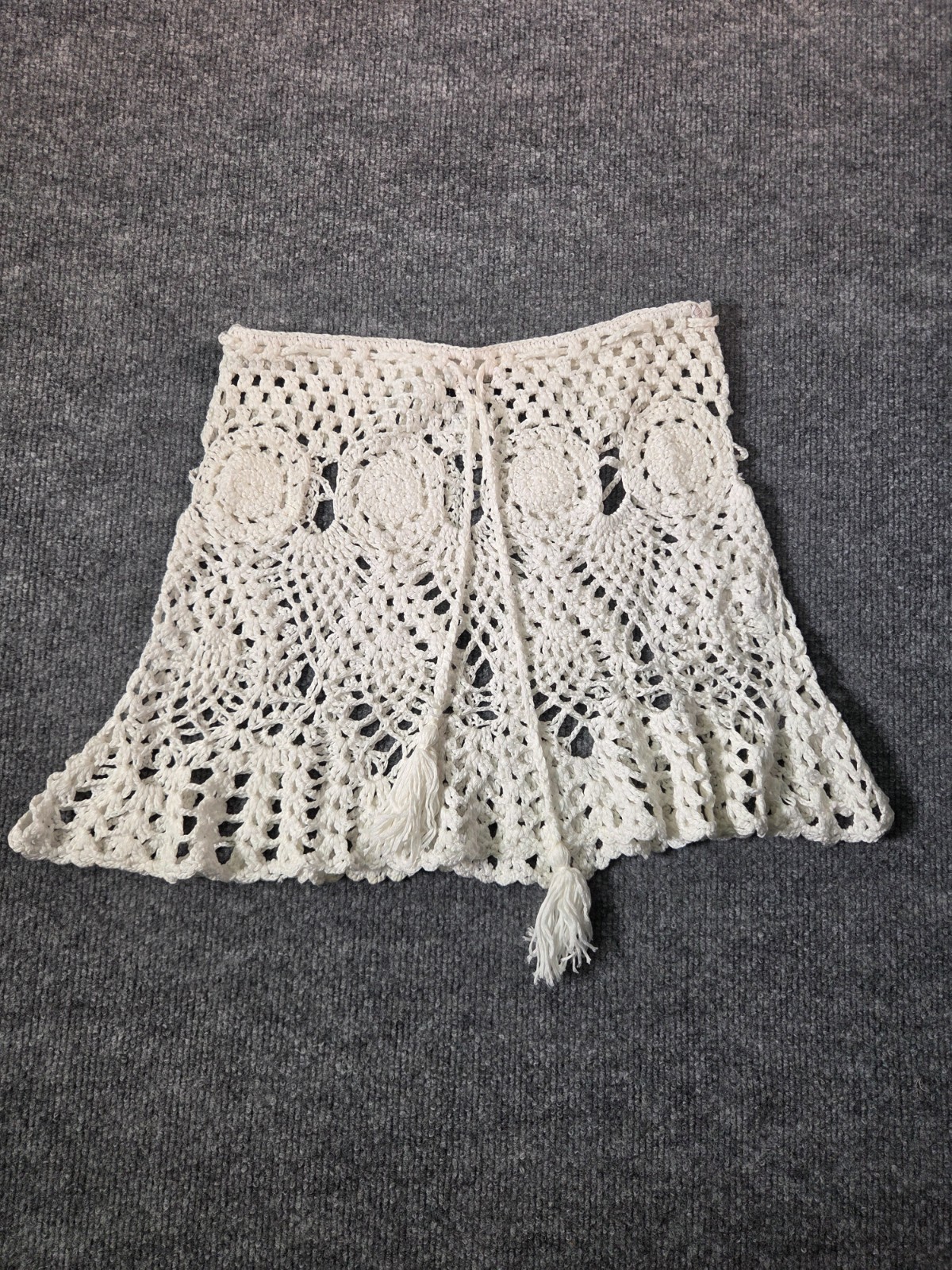 Terminal X Women Crochet Mini Skirt White Boho Tassel Accents Casual Bottoms