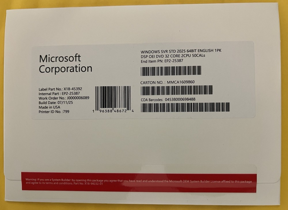 Microsoft Windows Server 2025 Standard 64Bit 32 Core-50 CALs Sealed New