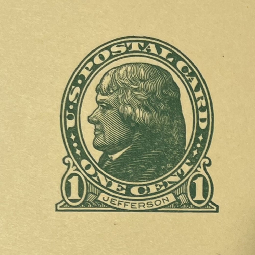UX27 1 Cent Jefferson Post Card Green On Buff Unused 