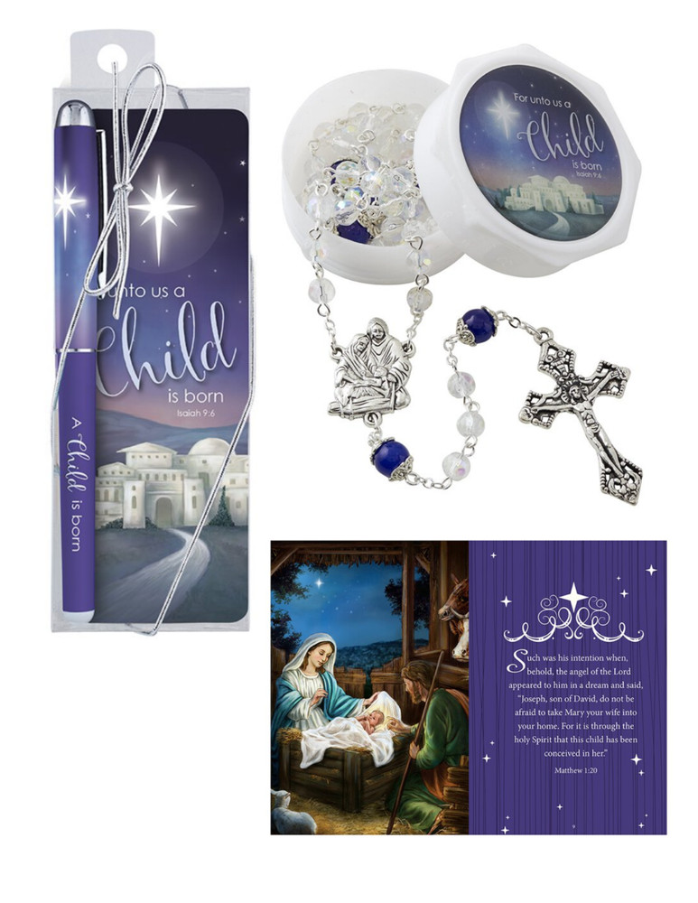 Christmas Nativity Rosary with Case, Pen, & Devotional "Unto us a Child is Born"