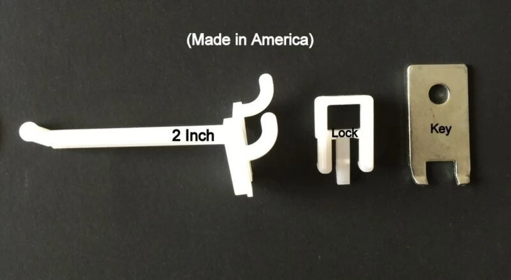 (500 PACK) 2 Inch Locking White Plastic Pegboard Peg Hooks (500 Locks, 20 Keys)