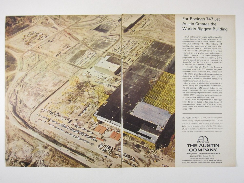 Print Ad Boeings 747 Jet Worlds Largest Building Austin Co 1967 Construction 2PG