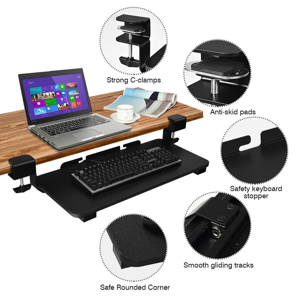 Keyboard Tray Under Desk Clamp-On Retractable Platform Computer Drawer
