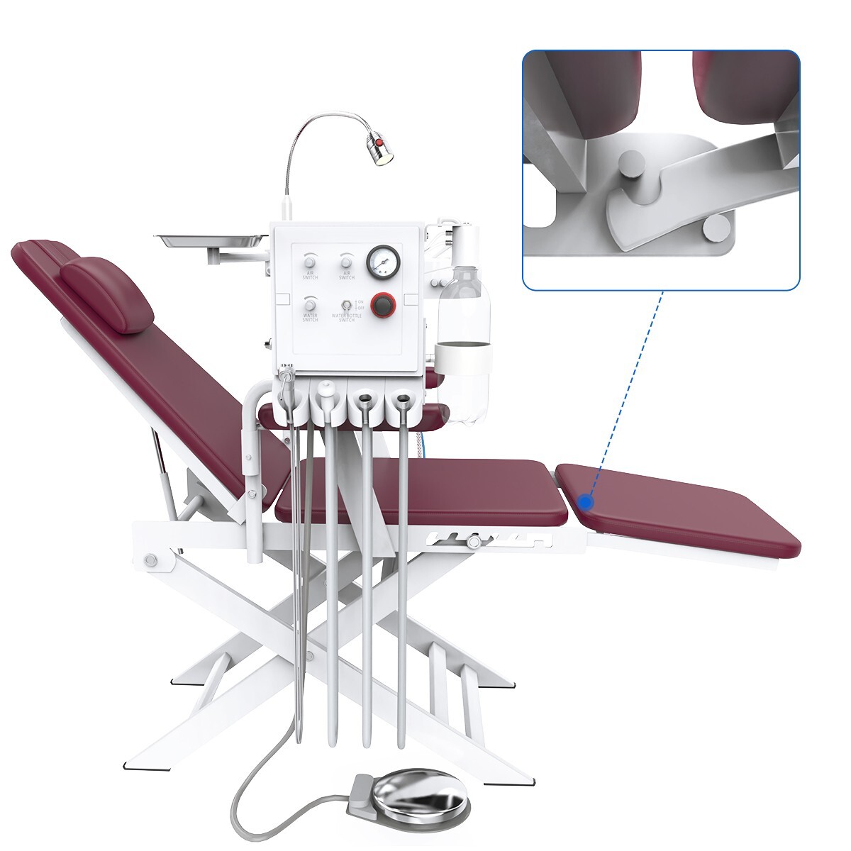 Portable Dental Folding Chair+LED Light+Air Turbine Unit+Weak Suction Burgundy