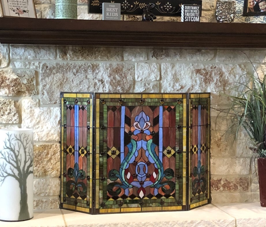 Tiffany Victorian Style Stained Glass Fireplace Screen Foldable 3-Panel Guard