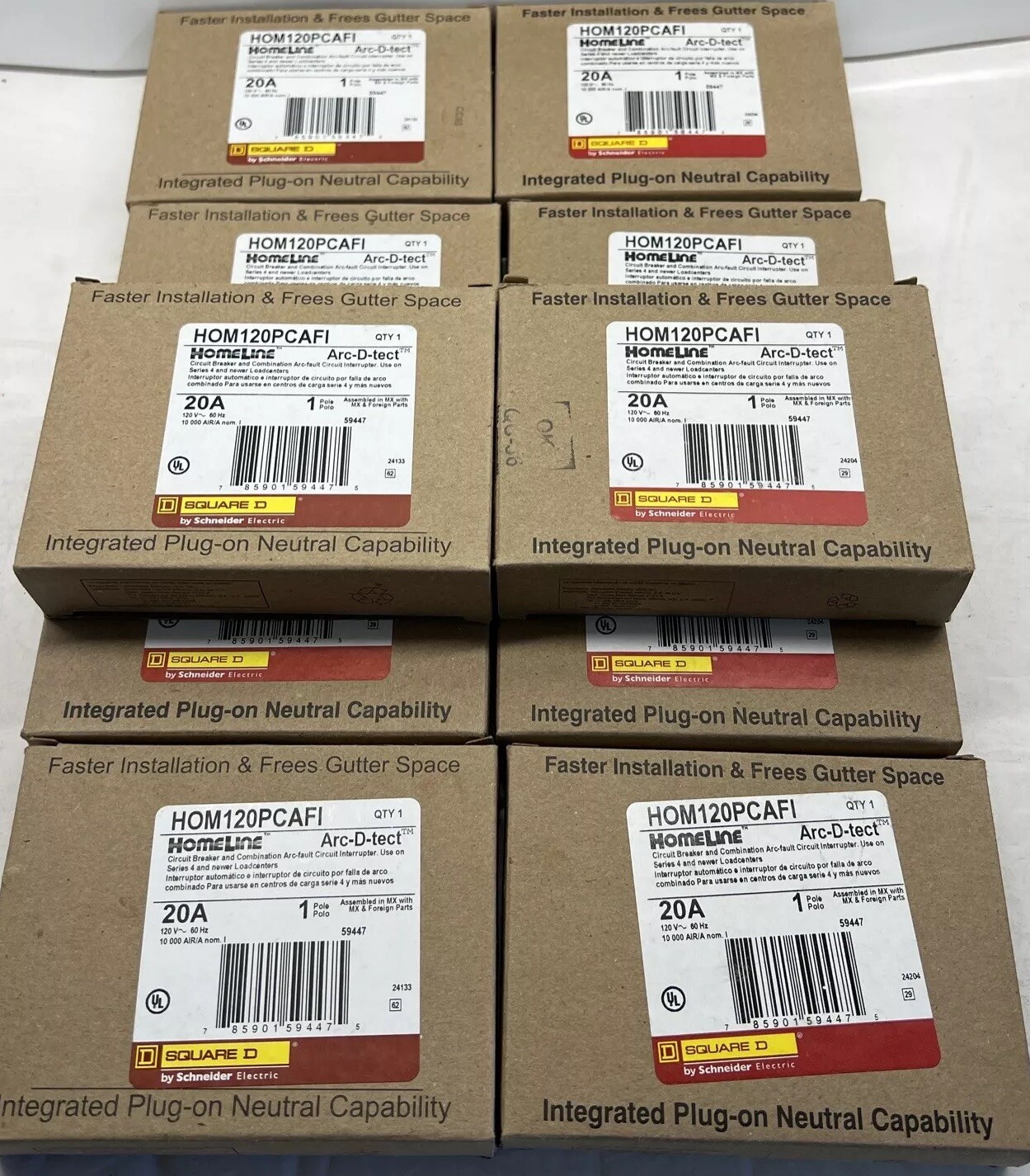 10 PCS SQUARE D HOMELINE HOM120PCAFI 20A ARC FAULT AFCI PLUG ON NEUTRAL BREAKER