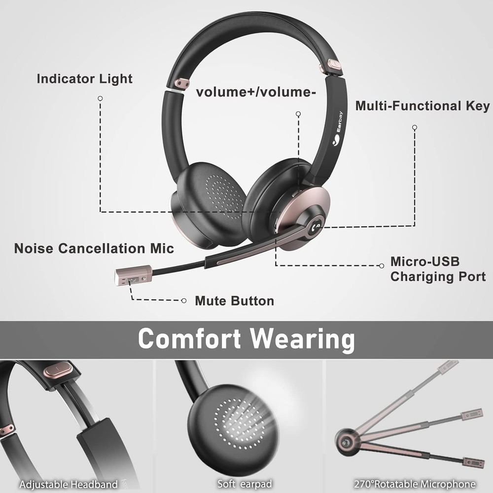 Wireless Headset, Bluetooth Headsets with Microphone Noise Cancelling, on Ear He