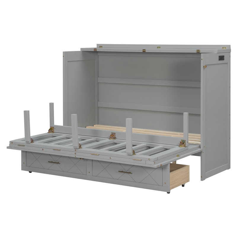 Queen Size Murphy Wall Bed Space-Saving Cabinet with Desk Gray MDF Storage