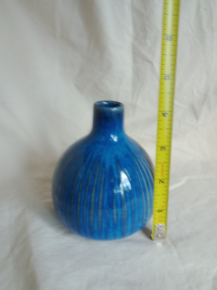 Vibrant, Unique Ceramic Bulb Vase, Blue with Grey Vertical Stripes. 