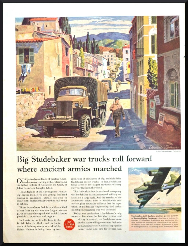 1944 Studebaker War Trucks & Boeing Plane Print Ad Frederic Fellander Art