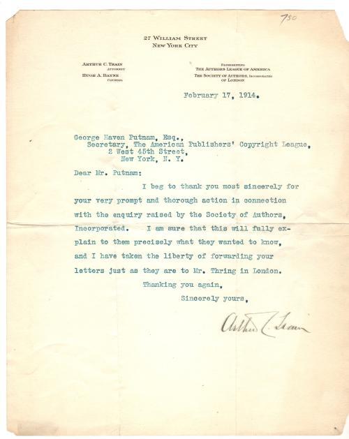 Arthur Train February 1914 Two Typed Letters (Signed)