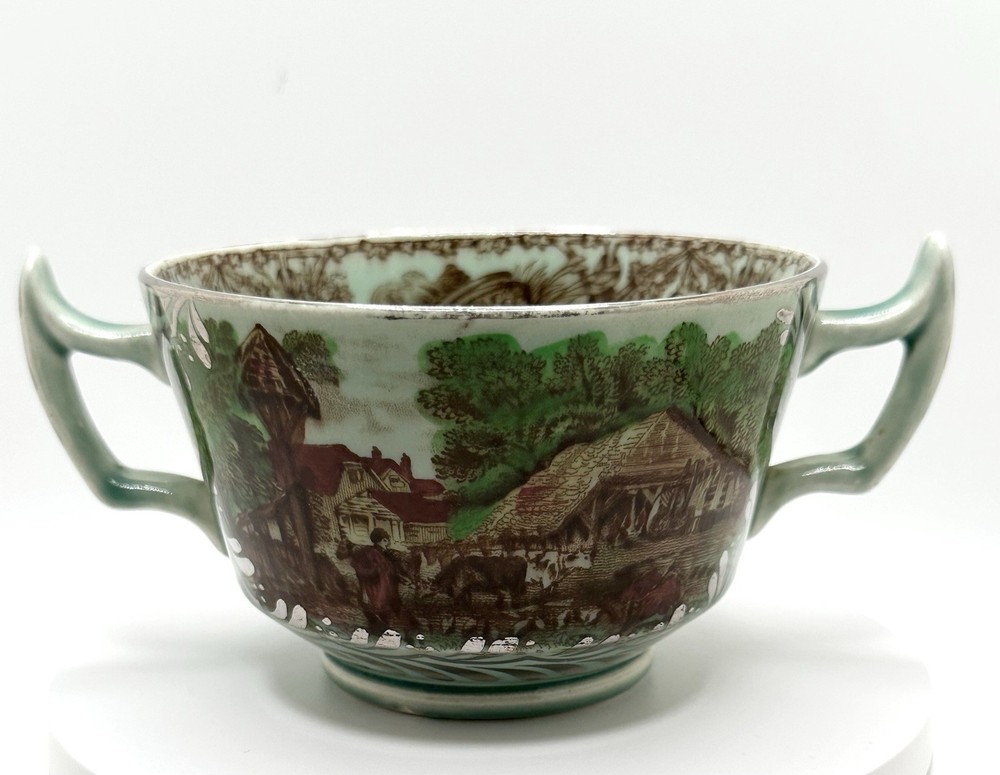 Rare Silver Overlay Pastoral Scene Poly Brown Transferware Cup