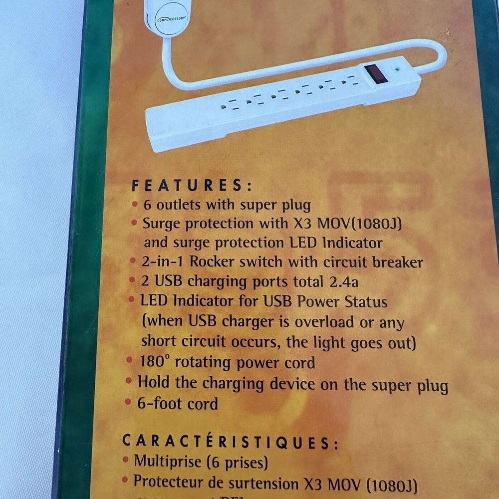 Compucessory 6-Outlet Surge Protector 6ft Cord White 2 USB