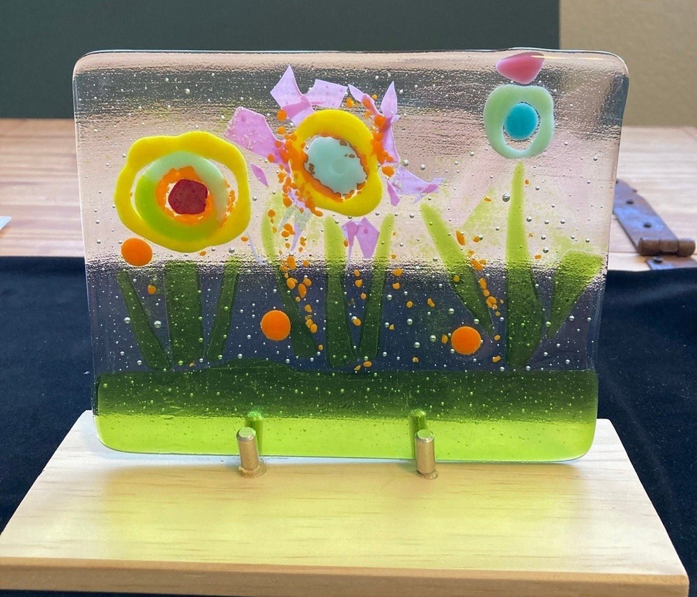 Handmade Spring Flowers Art Panel 7”x5.5” Includes a wooden base 8.5” Original