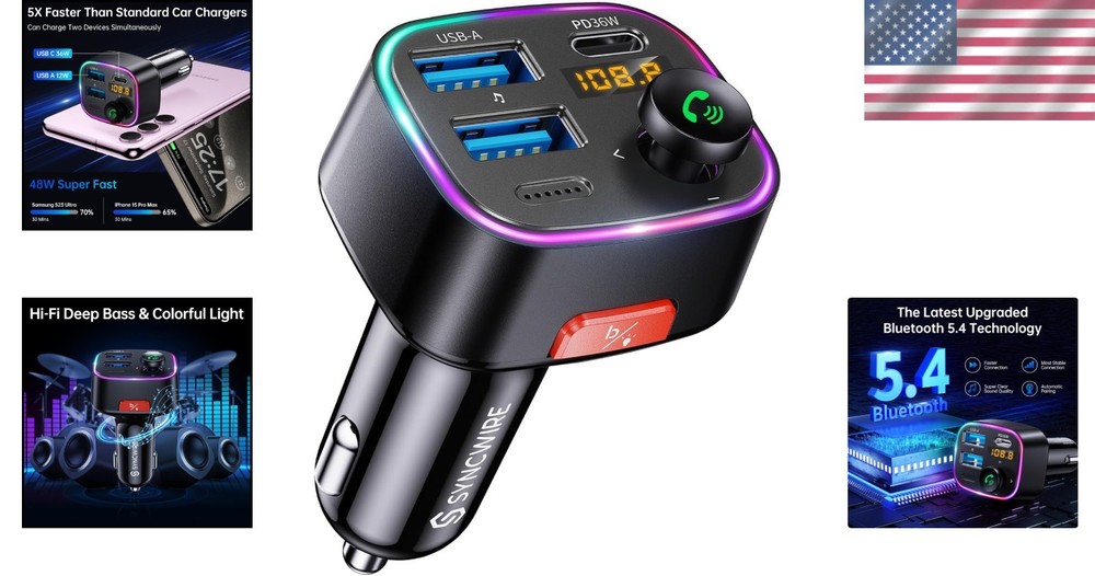 Bluetooth 5.4 FM Transmitter Car Adapter 48W PD - HiFi Sound