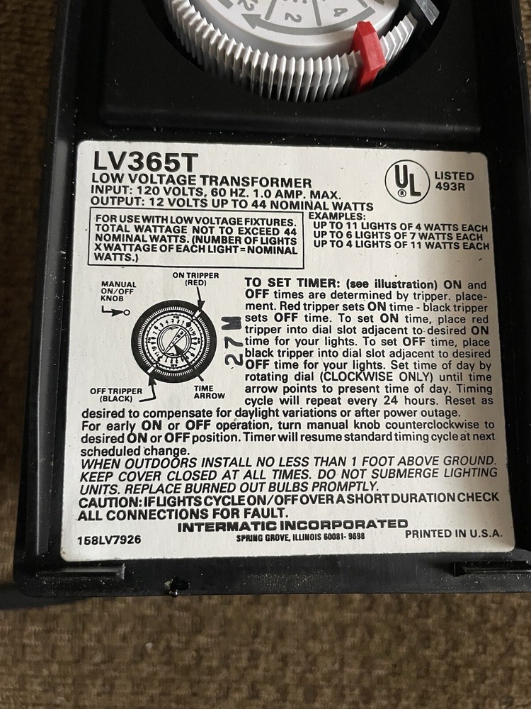 Malibu Intermatic LV365T Low Voltage 12v Transformer Lighting Timer 44 Watts Max