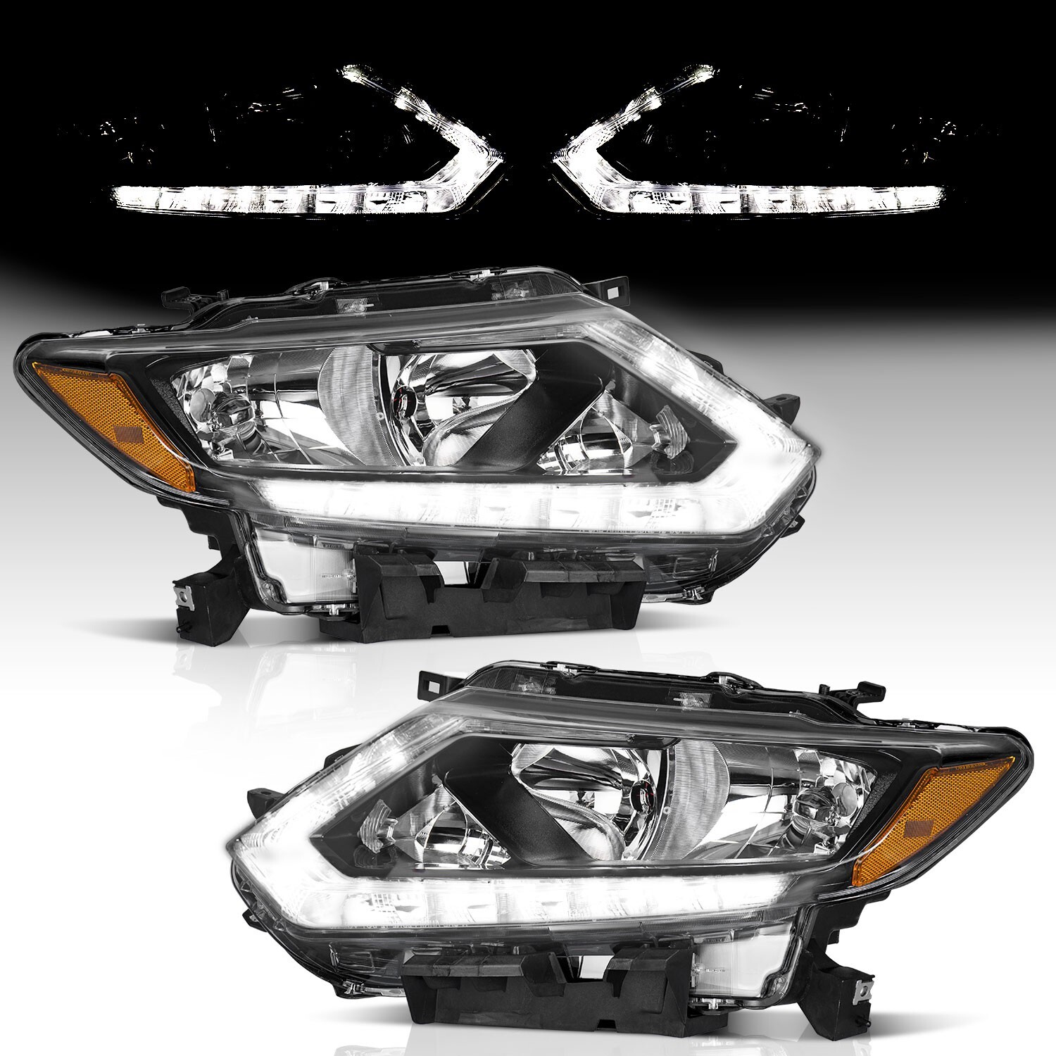 WEELMOTO Headlights For 2014-2016 Nissan Rogue Halogen LED DRL Lamps Left+Right