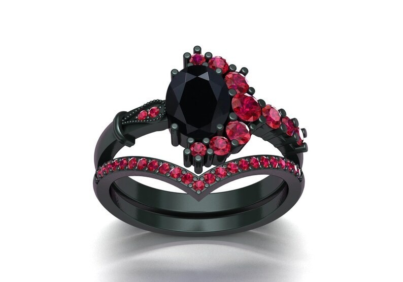 Luxurious Black Onyx & Ruby Gemstone 925 Silver Ring Band Set