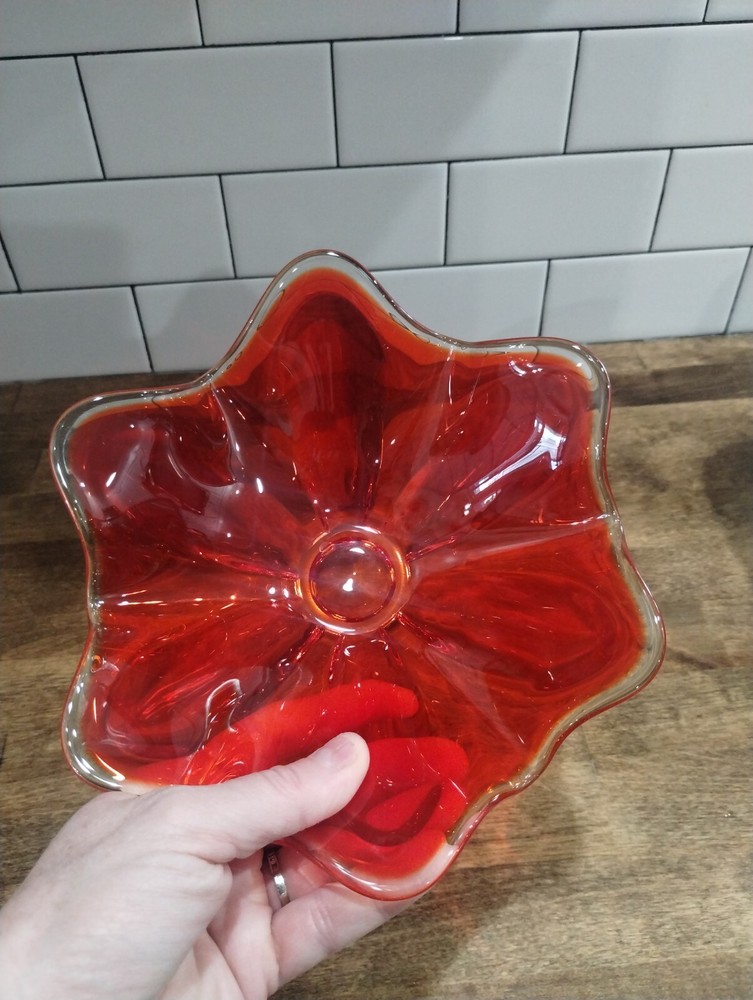 Vintage MCM L E Smith RED Glass Open Compote 8" EUC