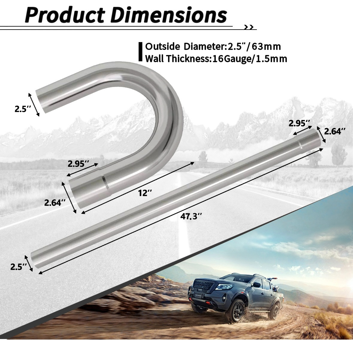 2.5" OD Stainless Mandrel Bend Exhaust Tubing Kit 16PCS T304 Steel Straight Pipe