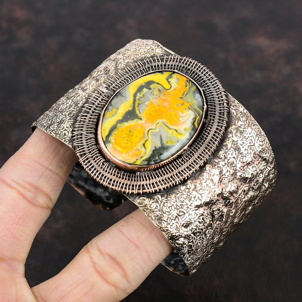 Bumble Bee Jasper Jewelry Copper Mum Gift Wire Wrapped Adjustable Bangle
