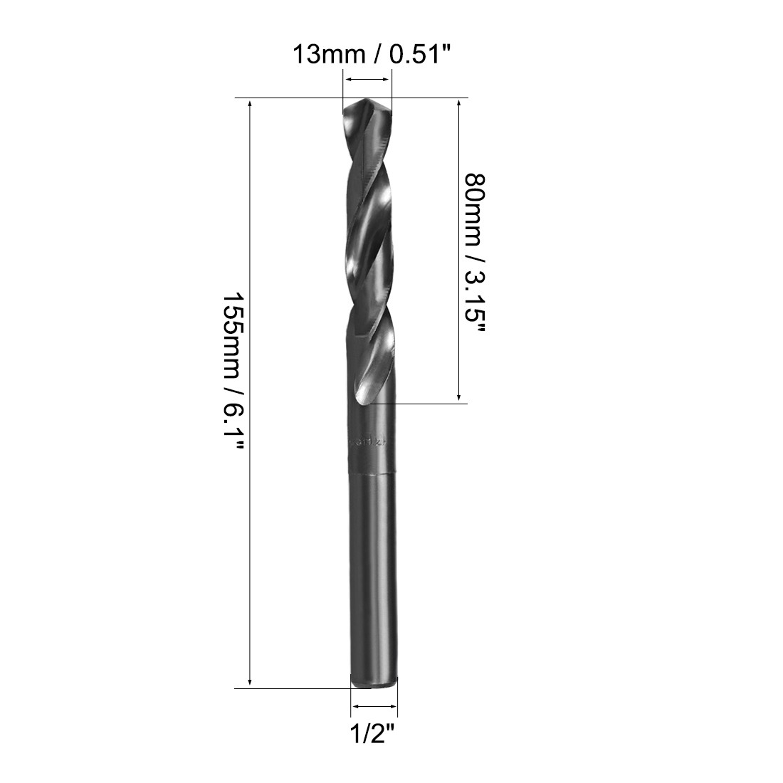 13mm Reduced Shank Drill Bit HSS 6542 Black Oxide with 1/2 Inch Straight Shank