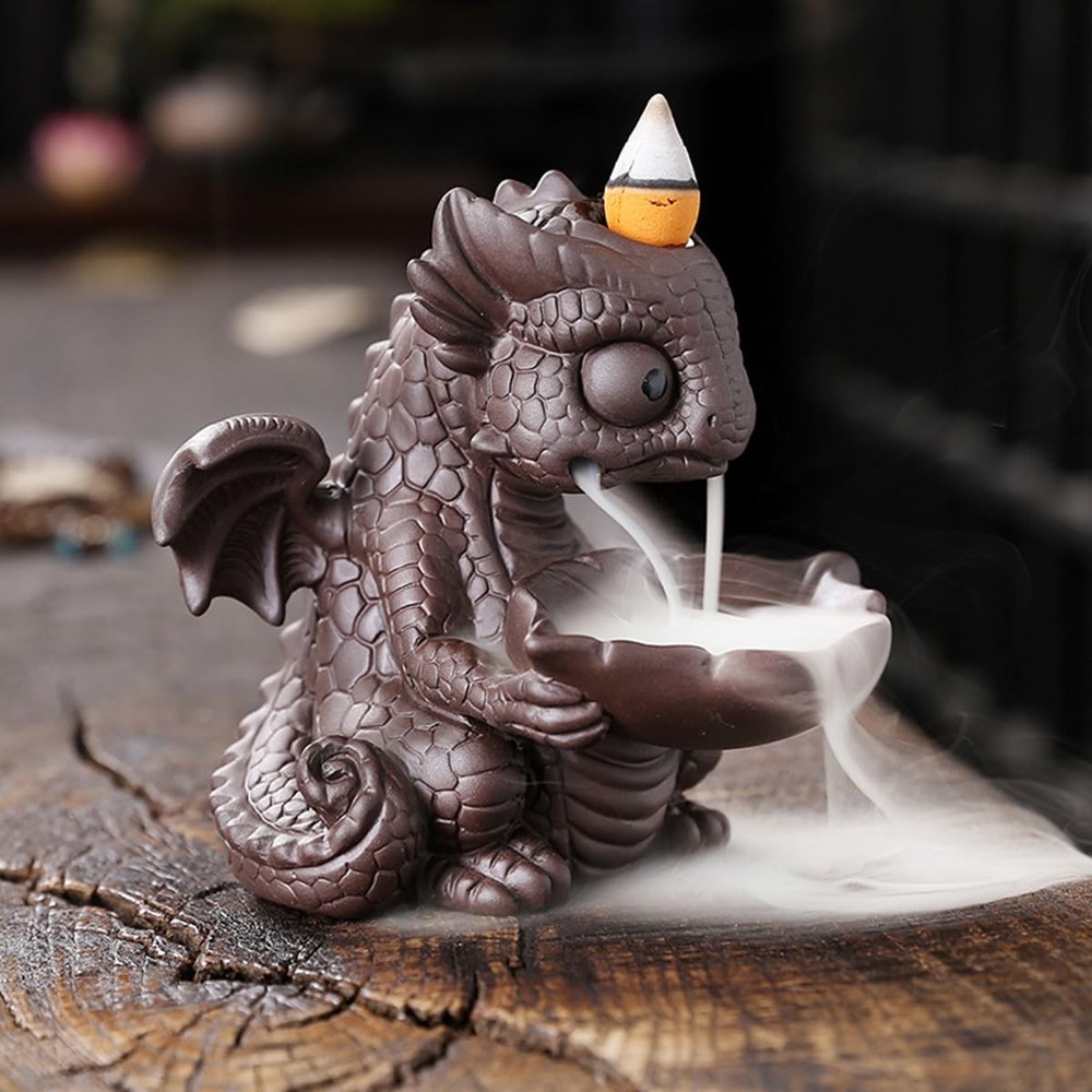 Ceramic Dragon Incense Burner, Cute Dinosaur Backflow Holder Brown